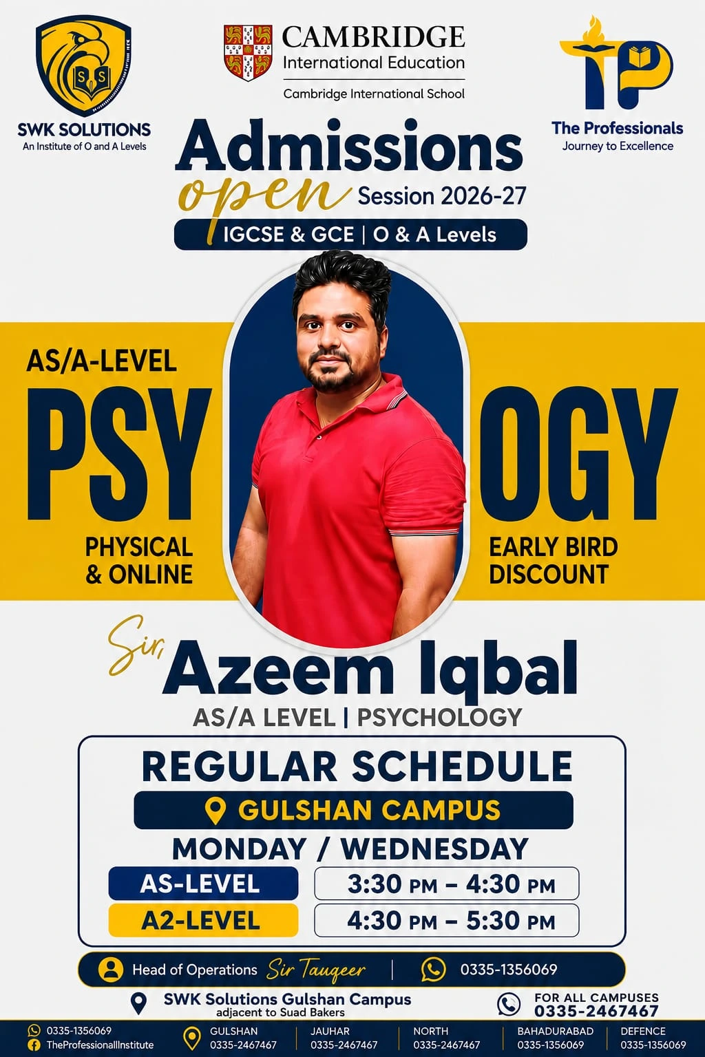 Psychology admission and timetable poster for Azeem Iqbal, session 2026–27