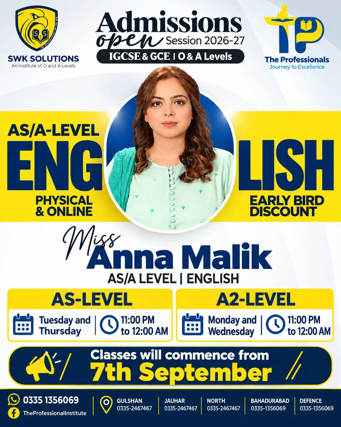 English admission and timetable poster for Anna Malik, session 2026–27