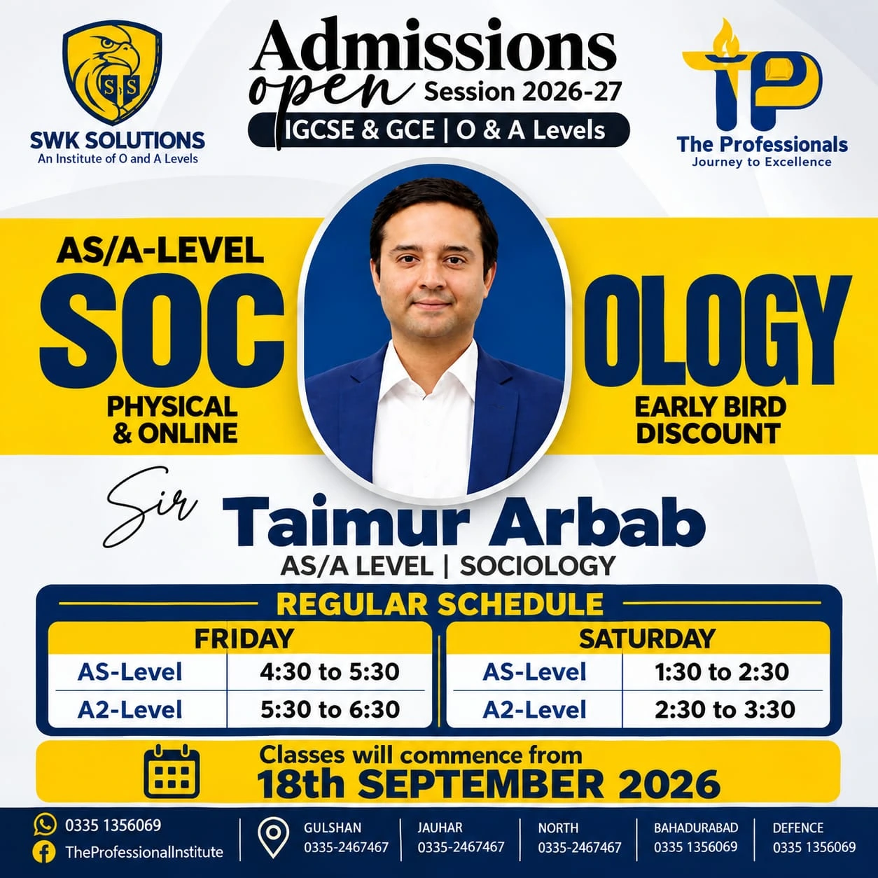 Sociology admission and timetable poster for Taimur Arbab, session 2026–27