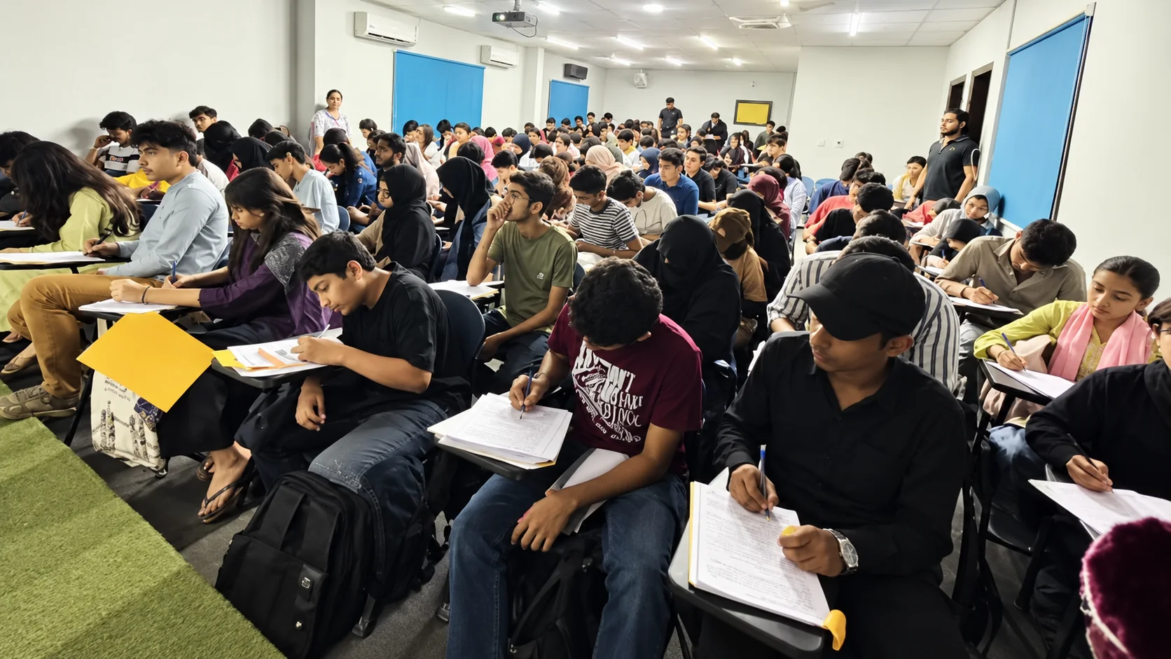 Students working on written exercises in a bright classroom