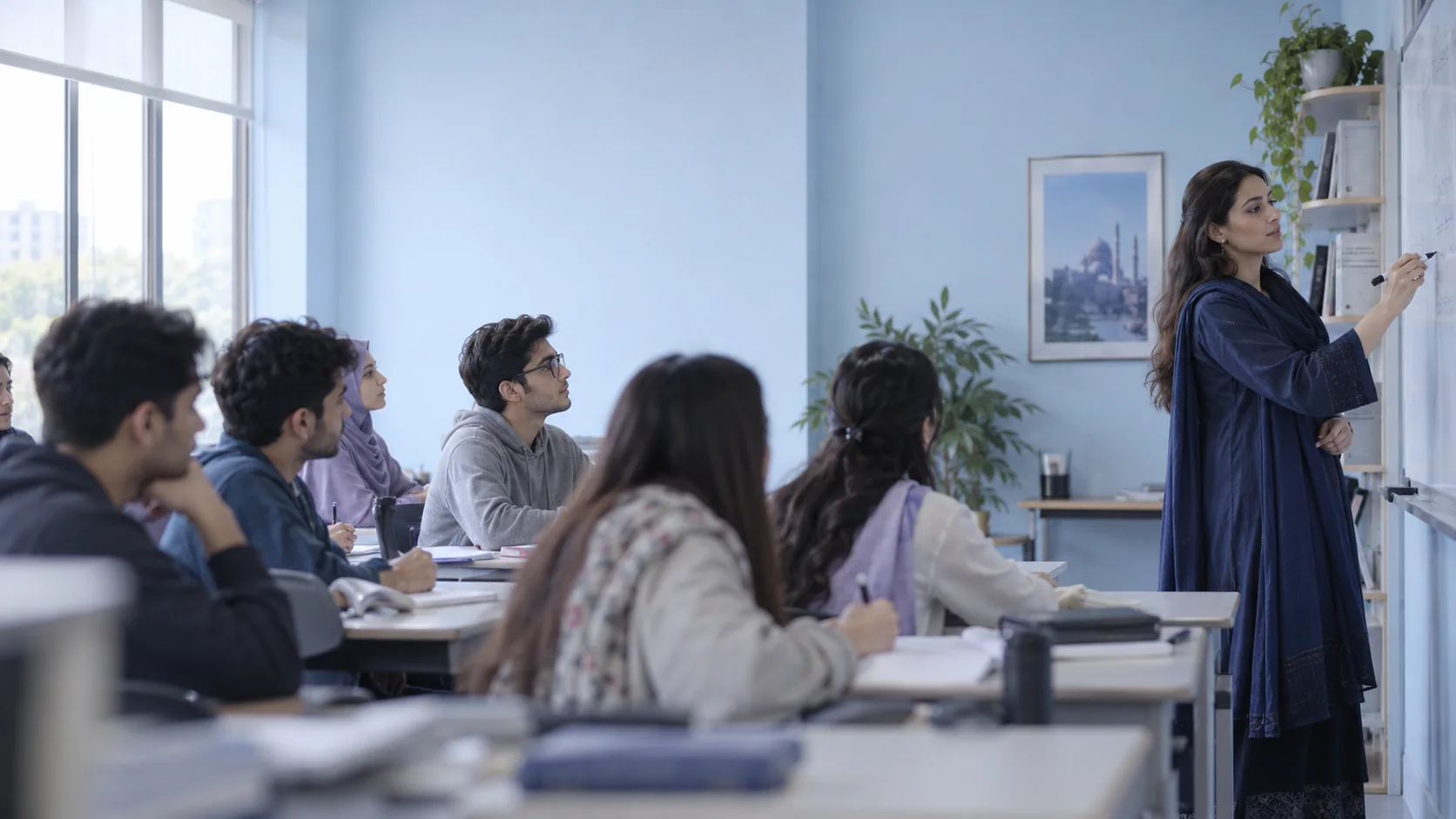 Illustration of a teacher explaining a lesson to students in a bright classroom