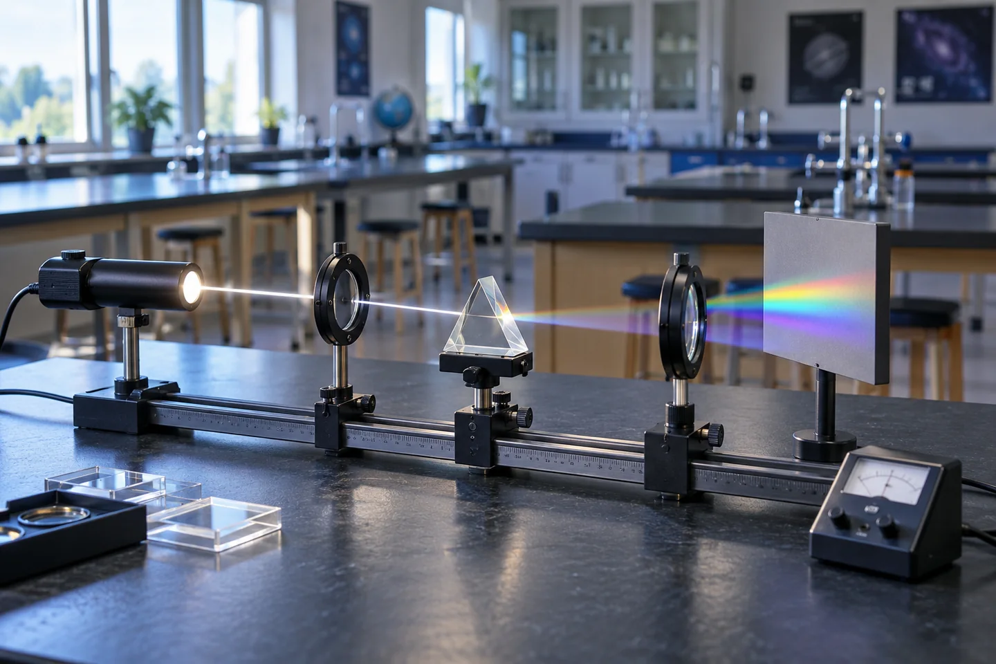 Illustrative physics lab with a prism, optical rail and precision measuring equipment.