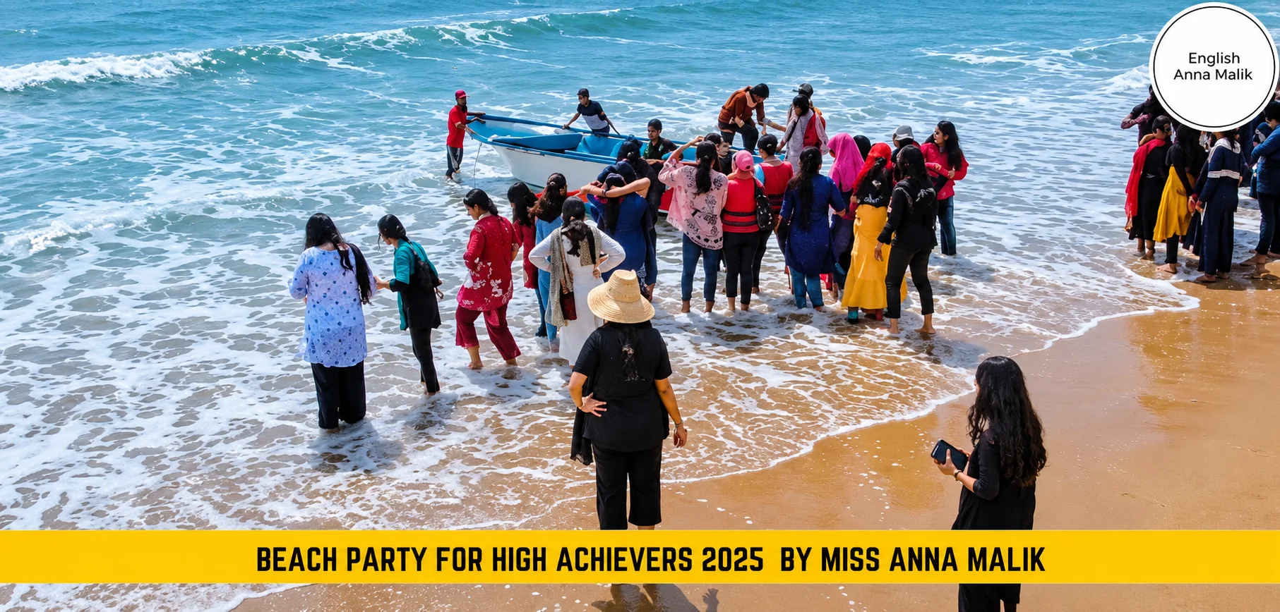 Students enjoying the sea at Anna Malik’s 2025 beach party